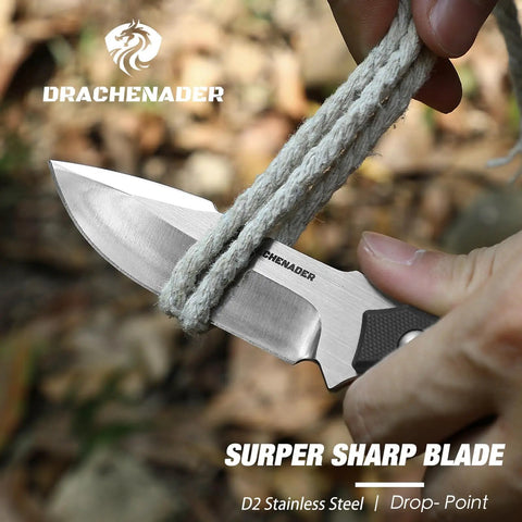 Close-up of cutting rope with EDC Fixed Blade Knife With Kydex Sheath 7 Inch D2 Steel Razor Sharp Ready To Roll Tactical Knife