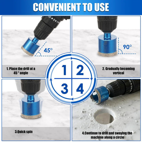 10 Pcs Diamond Hole Saw Kit With Vacuum Brazed Tile Drill Bits For Porcelain And Granite Cutting Dry Or Wet Sizes 1/4 To 2 Inch For Hand Drills And Bench Drills Super Durable Set showing 45° to 90° drilling steps