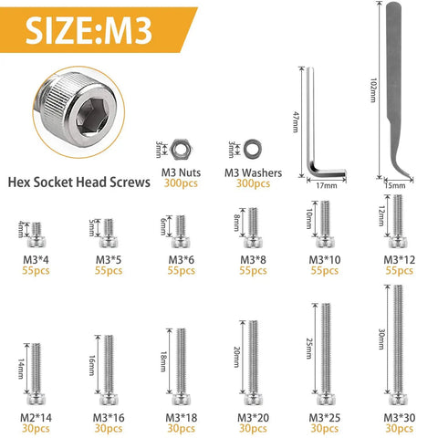 Diagram of M3 Hex Socket Cap Screws Nuts Kit In Stainless Steel Assortment With Washers Includes Allen Wrench And Curved Tweezer