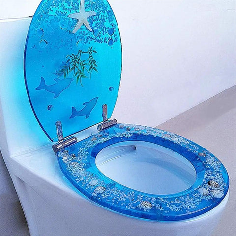 Heavy Duty Resin Toilet Seat With Lid Boasting Vivid 3D Ocean Details And Smooth Shell Motifs Soft Close Bath Accessory Breeze Install For Universal Oval Designs, featuring blue ocean graphics and soft close mechanism.