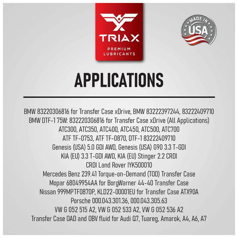 Triax Premium Lubricants application list for All-Wheel-Drive Transfer Case Fluid, Full Synthetic, Lifetime Fill, and other specifications.