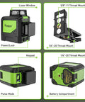 Cross Line Laser Level With 2x360 Green Beams, Self Leveling, Pulse Mode, Magnetic Pivoting Base, Details View