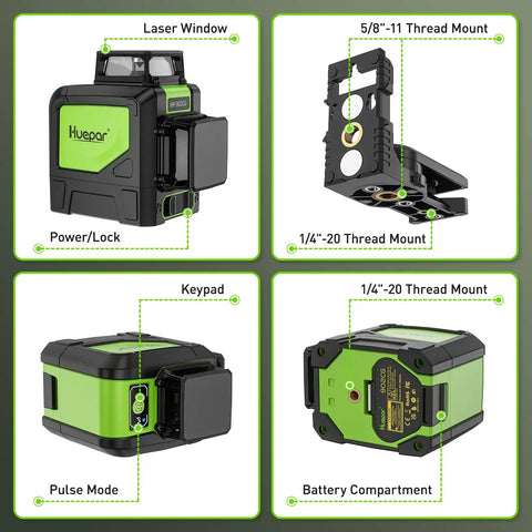 Cross Line Laser Level With 2x360 Green Beams, Self Leveling, Pulse Mode, Magnetic Pivoting Base, Details View