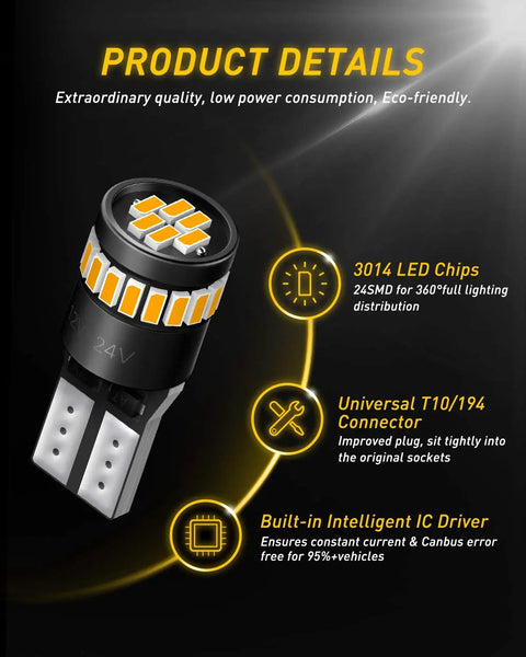 Amber Yellow 194 LED Wedge Light Kit features 3014 LED chips, universal T10/194 connector, built-in IC driver