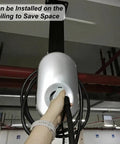 Hella Tough Ev Charger Pedestal Stand With Easy Reach Cable Hook installed on ceiling with charging cable in hand, space-saving design.