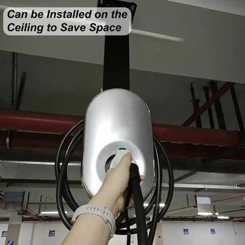 Hella Tough Ev Charger Pedestal Stand With Easy Reach Cable Hook installed on ceiling with charging cable in hand, space-saving design.