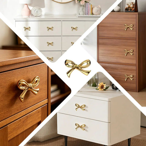 Gold Bow Drawer Knobs Set 8 Pcs, sturdy bow cabinet handles on various furniture, drawers and dresser close-up