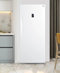 Straight Up Spacious 14 Cubic Foot Upright Fridge And Freezer Combo With Auto Defrost, garage ready white unit in modern kitchen.