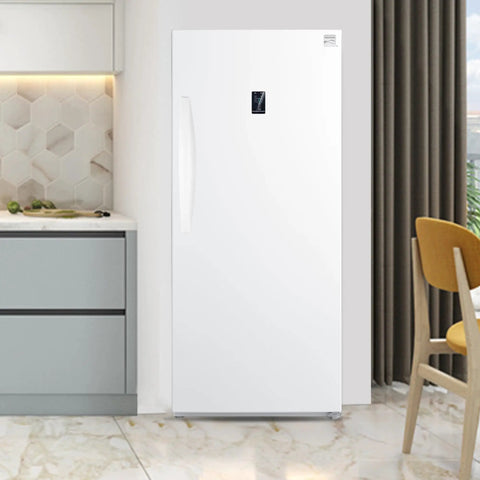 Straight Up Spacious 14 Cubic Foot Upright Fridge And Freezer Combo With Auto Defrost, garage ready white unit in modern kitchen.