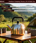 Stainless Steel Whistling Tea Kettle for Gas and Induction Stovetops, 304 Food Grade, Large 4L Capacity on a picnic table outdoors.