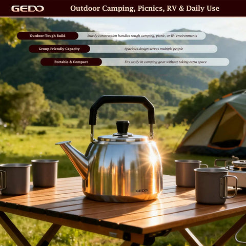 Stainless Steel Whistling Tea Kettle for Gas and Induction Stovetops, 304 Food Grade, Large 4L Capacity on a picnic table outdoors.