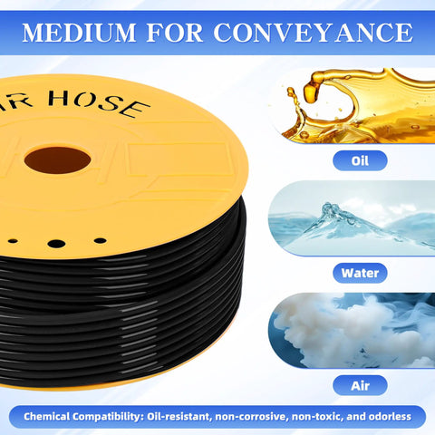 PU Air Hose 12mm OD X 8mm ID black flexible pneumatic tubing for air compressors, pro grade durable polyurethane hose, on a reel
