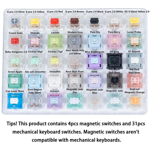 Magnetic And Mechanical Keyboard Switches Tester Kit 35 Piece Set Featuring 4 Magnetic Switches And 31 Mechanical Switches, laid out in a plastic tray