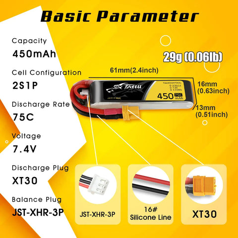 4 Pack 450mAh 7.4V 75C 2S LiPo Battery Pack With XT30 Plug For H Frame Betafpv 2S Whoop Long Size High Power Drone Battery Kit