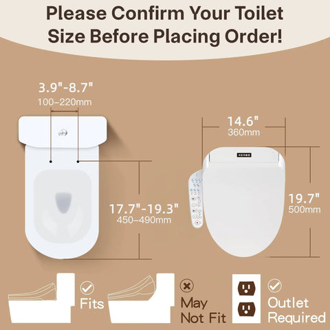 Dimensions and fitting guide for Heavy Duty Smart Bidet Toilet Seat With Dual Control Side Panel And Wireless Remote Heated Wash.