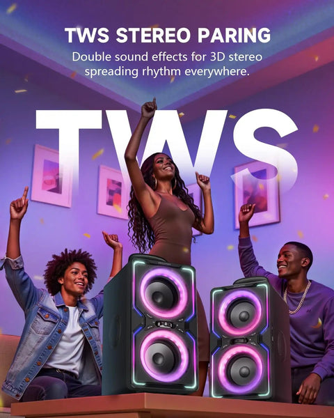 Three people enjoying music from Beast 240W Peak Bluetooth Party Speaker With Deep Bass, vibrant lights, TWS pairing visible.