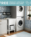 All In One Freestanding Utility Sink With Pull Out Faucet for laundry room next to stacked washer in a modern setting.