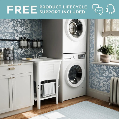 All In One Freestanding Utility Sink With Pull Out Faucet for laundry room next to stacked washer in a modern setting.