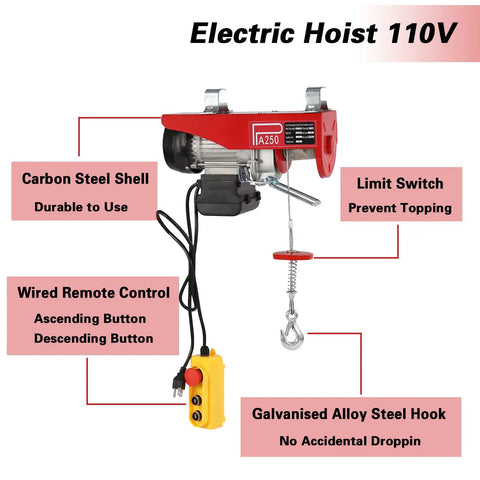 Badass No Sweat 110V Electric Hoist And Winch With 550 Lbs Lift Capacity Overhead Garage Ceiling Crane showing carbon steel shell and remote control.