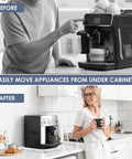 Hardcore Clear Acrylic Coffee Maker Slider Tray With Flat Out Smooth Rubber Casters For Stress Free Countertop Gliding And Completely Scratch Proof Appliance Moving Rig in kitchen.