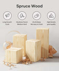 Spruce wood blocks showcasing natural grain and texture, highlighting high density and medium hardness properties.