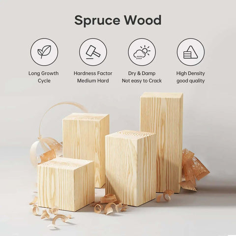 Spruce wood blocks showcasing natural grain and texture, highlighting high density and medium hardness properties.