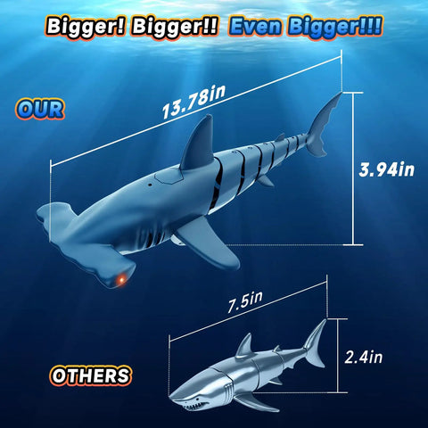 Remote Control Shark Toy With Realistic Dive Action For Pool And Bath Water Toy For Kids Blue Gift For Boys Age 6 Plus Totally Rad High Simulation Underwater Explorer, larger blue shark toy compared to smaller one with size details