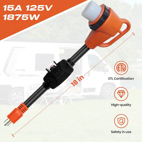 Overload Protected Heavy Duty RV Power Adapter Cord 50 Amp To 110 Volt With Built In 15 Amp Circuit Breaker, 18 inch, orange