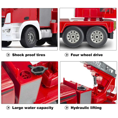 Close-up of Benz Licensed Remote Control Fire Truck Toy With Realistic Alarm Lights, showing shock proof tires and four wheel drive