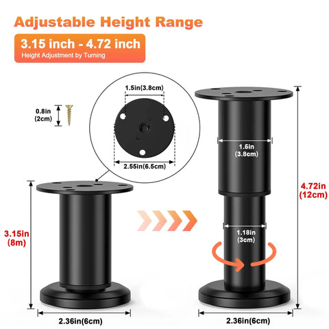 4 Pcs Adjustable Metal Furniture Legs Set 3.15 to 4.72 Inches With Swivel Base, height adjustment diagram