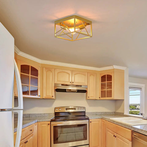 Two Light Modern Gold Flush Mount Ceiling Fixture With Metal Square Design Semi Flush Mount Lighting in kitchen setting