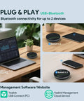 SP92 Plug And Play Conference Speaker And Microphone With AI Noise Cancellation next to laptop showing USB and Bluetooth setup