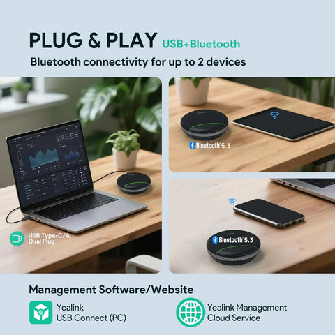 SP92 Plug And Play Conference Speaker And Microphone With AI Noise Cancellation next to laptop showing USB and Bluetooth setup