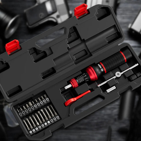 Torque Screwdriver Set, 24-Piece, Pro-Grade With 10 To 70 Inch-Pounds Range, in black case showing bits, adapter, T-bar handle