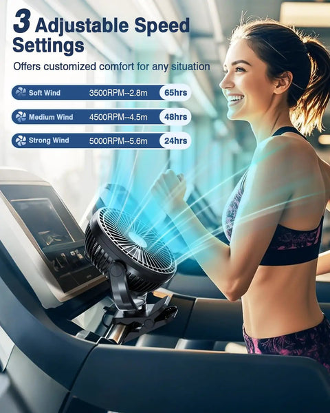 20000mAh 8 Inch Portable Clip On Fan With Lights Battery Powered USB Desk Personal Quiet Fan For Office Stroller Bedroom Camping All Day Breeze Also Doubles As A Power Bank on treadmill with woman exercising