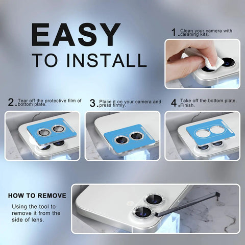 Easy installation steps of iPhone 17 Camera Lens Protector Bling Kit With 9H Tempered Glass Glitter Ring Decoration 2 Lens Set