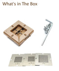 Auto Centering BGA Reballing Station Pro Kit With Aluminum Build, Tool Free 4 Corner Stencil Lock And Height Adjustable Swivel Corners, Auto Fixing Solder Rework System, Includes 3 Random Stencils For Fast, Precise Reballing. What’s in the box: aluminum station, screws, and three BGA stencils.