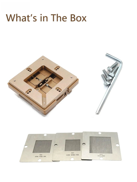 Auto Centering BGA Reballing Station Pro Kit With Aluminum Build, Tool Free 4 Corner Stencil Lock And Height Adjustable Swivel Corners, Auto Fixing Solder Rework System, Includes 3 Random Stencils For Fast, Precise Reballing. What’s in the box: aluminum station, screws, and three BGA stencils.