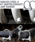 Stainless steel U bolt exhaust clamp hanger on automotive exhaust system pipes, visible clamps in heavy-duty design.