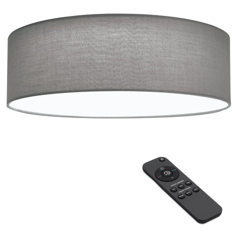 Flush Mount Drum Ceiling Light With Remote Control, 12.6 Inch Diameter LED Fixture with gray fabric shade and remote shown.