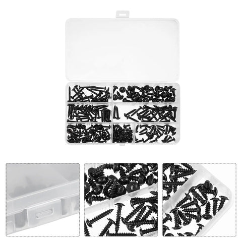 Tough As Nails Carbon Steel Black Pan Head Phillips Self Tapping Screws With Pad Washer Kit M3.0 To M4.8 in a plastic organizer box