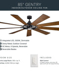 Badass Heavy Duty 85 Inch Ceiling Fan With Bright LED Lighting And Slick Distressed Black Industrial Finish Plus Nine Blade Quiet Airflow Blades For Cool Bedroom Relaxation, showing ceiling fan with nine blades and integrated LED light.