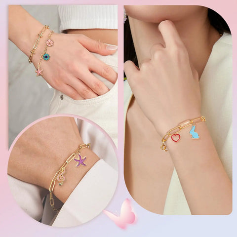 Stainless Steel Gold Charm Bracelet Making Kit For Beginners DIY Jewelry Craft Set With colorful charms displayed on wrists.