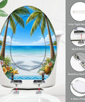 Elongated Toilet Seat Slow Close Quick Release Bathroom with tropical beach design and stainless steel hinges.