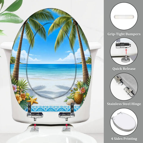 Elongated Toilet Seat Slow Close Quick Release Bathroom with tropical beach design and stainless steel hinges.