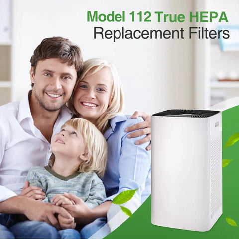 Family next to air purifier, Model 112 with True HEPA Replacement Filters, showcases clean air benefits.