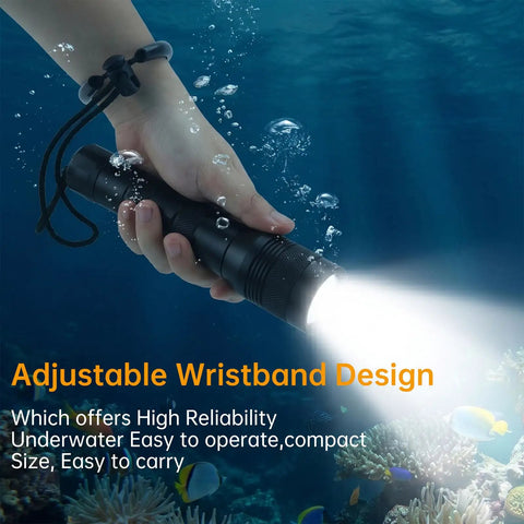 Person using Wide Angle Underwater Dive Light With 120 Degree Beam, 1050 Lumen LED Torch for scuba photography, depth rating 150m