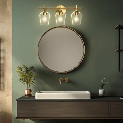 Gold Three Light Vanity Light Over Mirror For Bathroom Modern Wall Mount With Glass Shades Champagne Brass Finish UL Listed