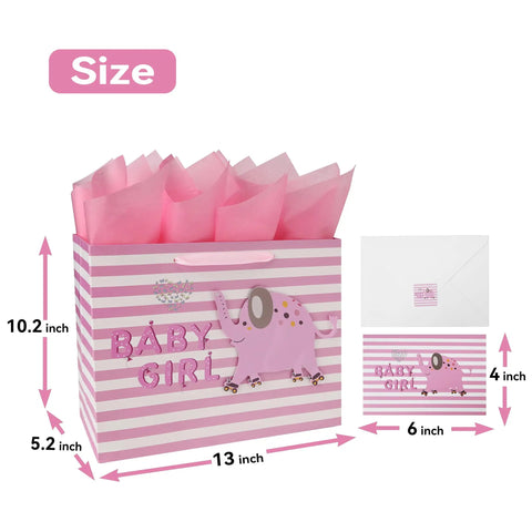 Large Pink Gift Bag Set With Greeting Card And Tissue Paper For Baby Girl Baby Shower And Kids Birthday Party 13 Inch By 5.2 Inch By 10.2 Inch 1 Pc 3D Elephant Design