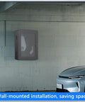 Heavy Duty Wall Mount EV Charger Protection Box mounted on wall beside a vehicle, featuring secure lock housing and tempered glass.